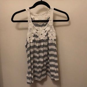 Grey & white stripe tank top, embroidered flowers